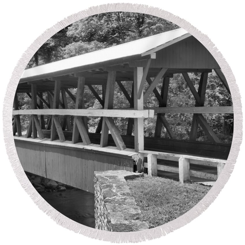 Colvin Covered Bridge Round Beach Towel featuring the photograph Crossing Shawnee Creek Black And White by Adam Jewell