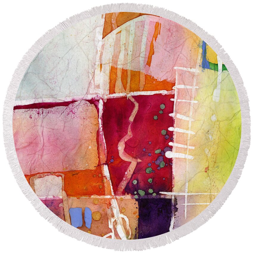 Abstract Round Beach Towel featuring the painting Crossroads - Red by Hailey E Herrera