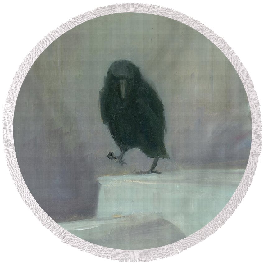Bird Round Beach Towel featuring the painting Crow 16 by David Ladmore
