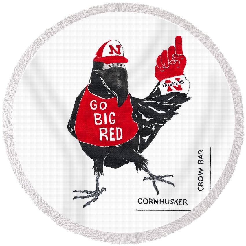 Nebraska Round Beach Towel featuring the painting Crow Big Red by Georgia Donovan