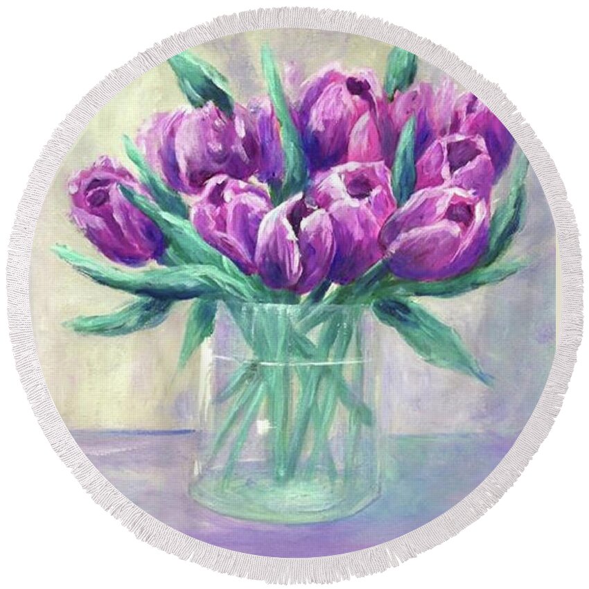 Tulips Round Beach Towel featuring the painting Crowd of Tulips by Teresa Fry