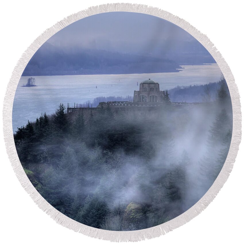 Crown Point Round Beach Towel featuring the photograph Crown Point Vista House Fog Columbia River Gorge Oregon by Dustin K Ryan