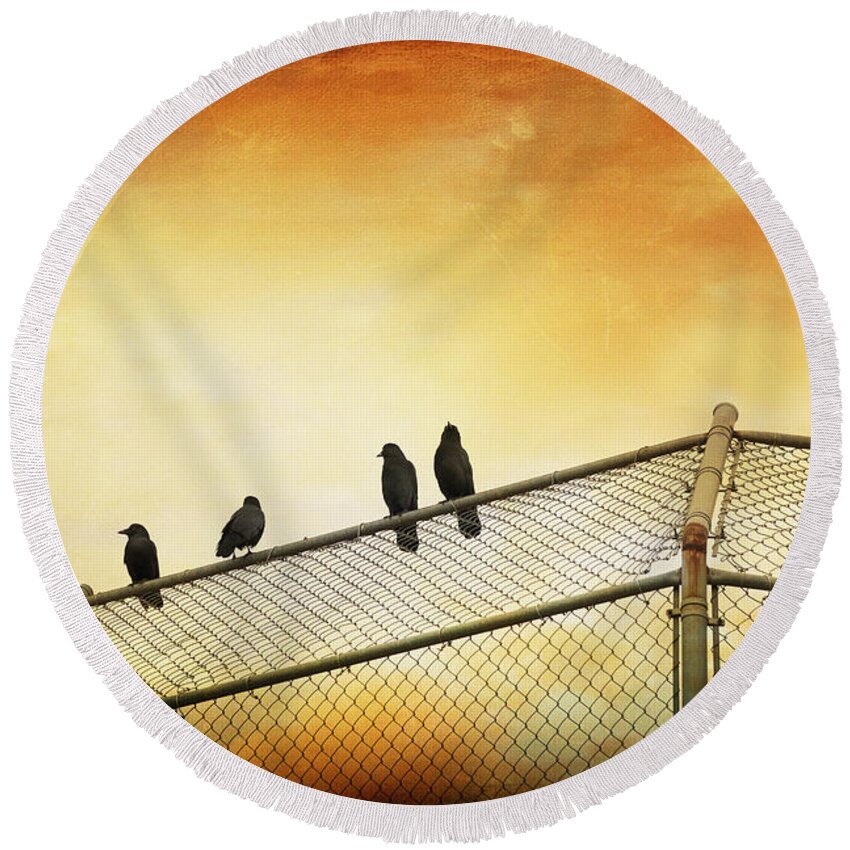 Theresa Tahara Round Beach Towel featuring the photograph Crows On The Backstop by Theresa Tahara