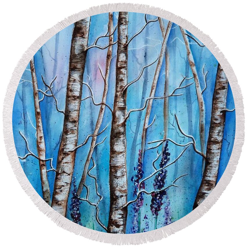 Forest Round Beach Towel featuring the painting Crystal Blue Forest by Krystyna Spink