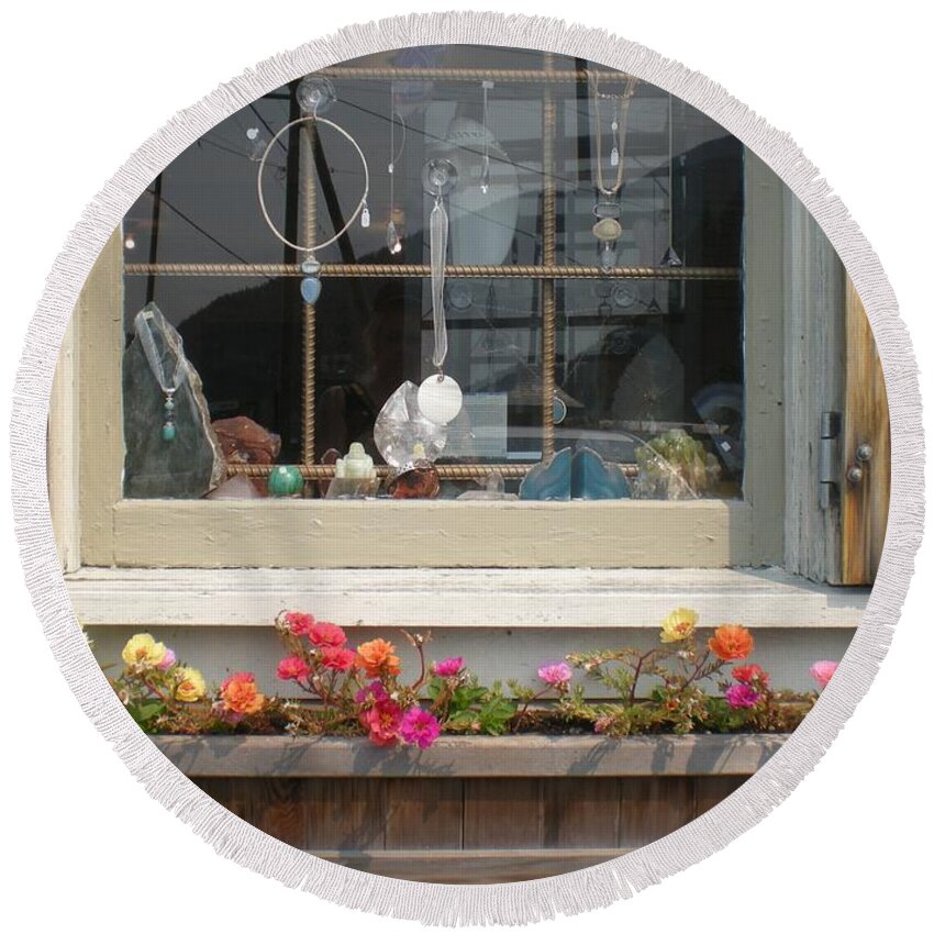 Crystal Shop Round Beach Towel featuring the photograph Crystal Window by Kim Prowse