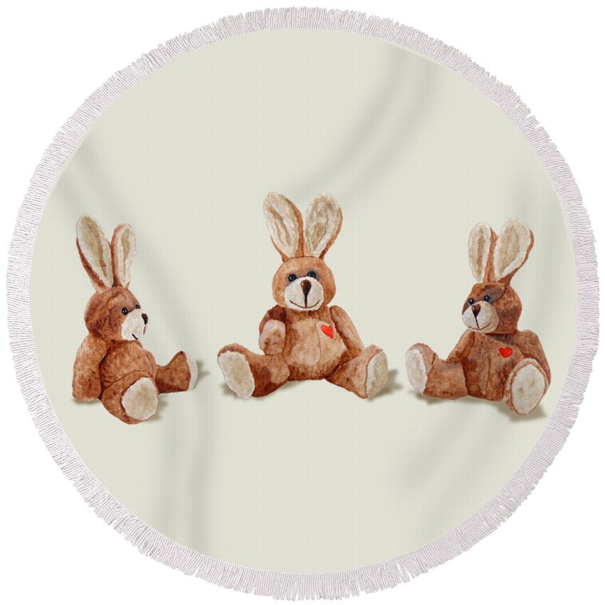 Cuddly Rabbit Round Beach Towel featuring the painting Cuddly Care Rabbit II by Angeles M Pomata