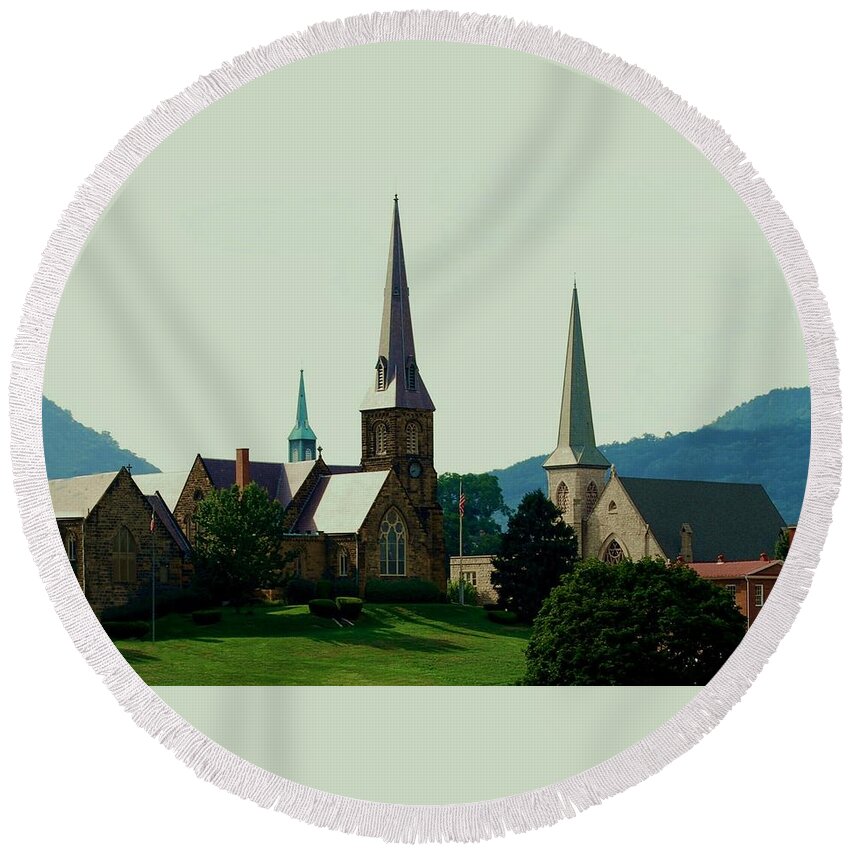 Church Steeples Round Beach Towel featuring the photograph Cumberand Steeples by Eric Liller