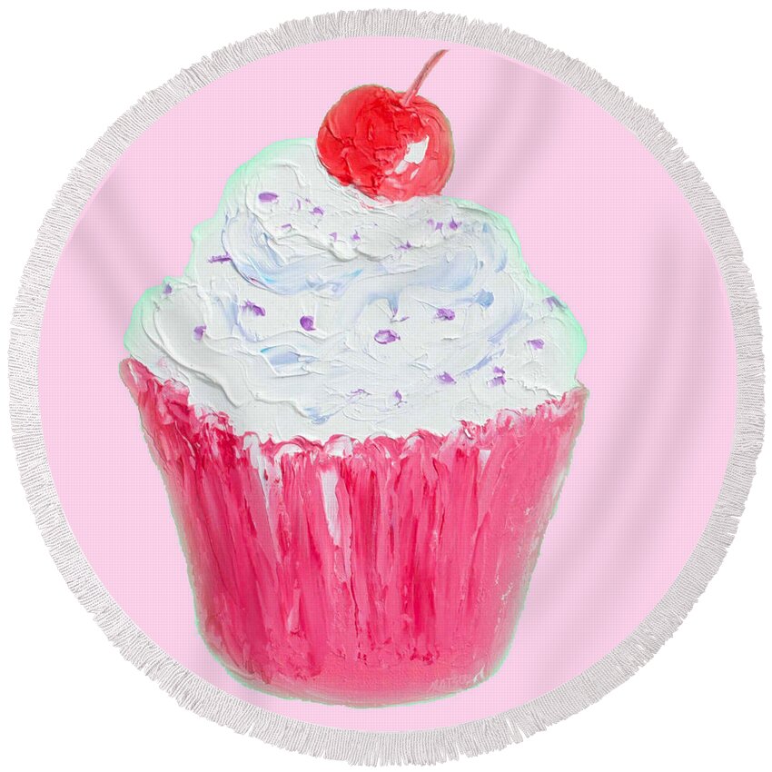 Cupcakes Round Beach Towel featuring the painting Cupcake painting on pink background by Jan Matson