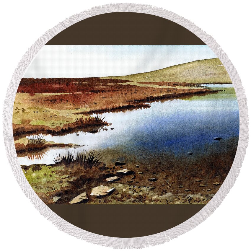 Watercolour Lanndscape Round Beach Towel featuring the painting Cupwith Reservoir by Paul Dene Marlor