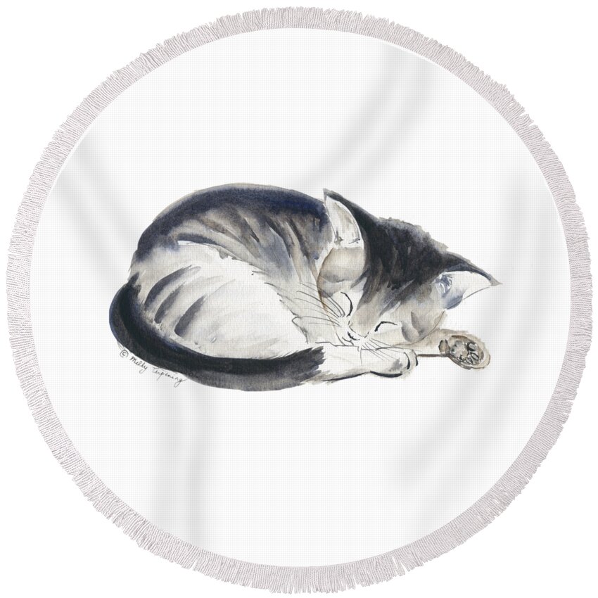 Cat Art Round Beach Towel featuring the painting Curl Up by Melly Terpening