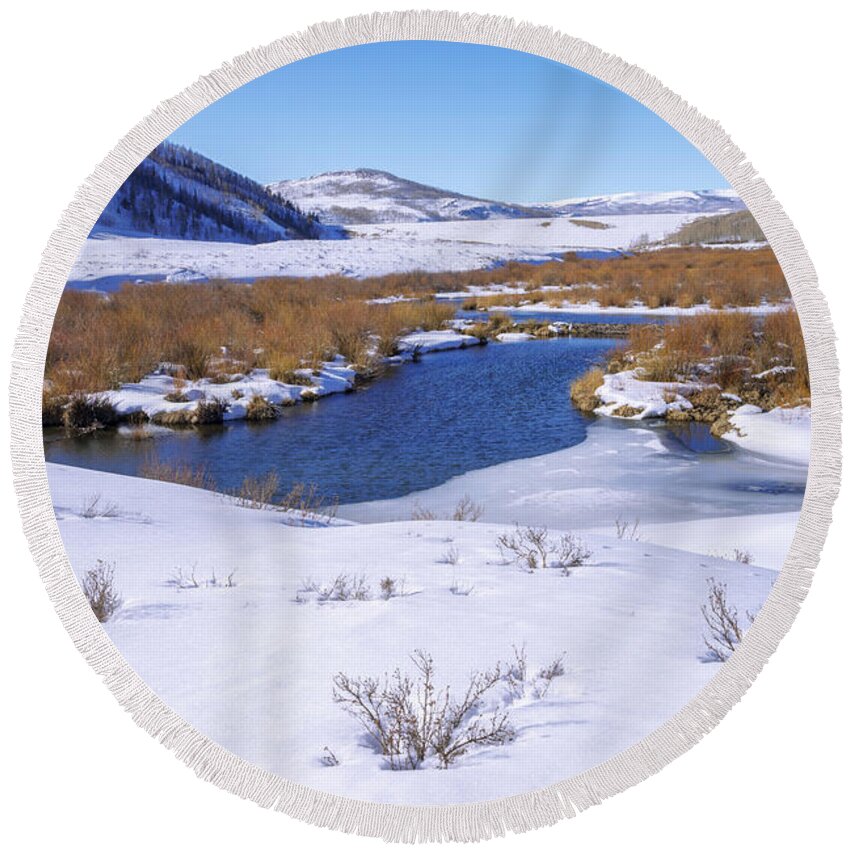 Currant Creek On Ice Round Beach Towel featuring the photograph Currant Creek on Ice by Chad Dutson