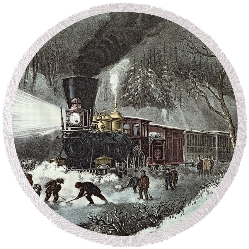 American Round Beach Towel featuring the painting Currier and Ives by American Railroad Scene