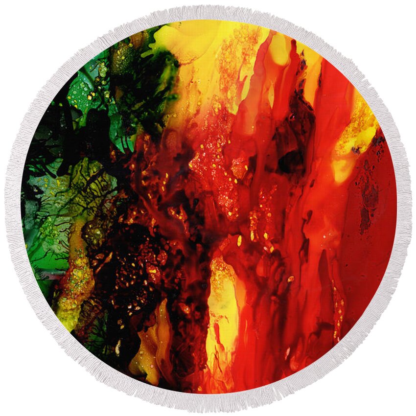 Abstract Round Beach Towel featuring the painting Curtain of Fire by Charlene Fuhrman-Schulz