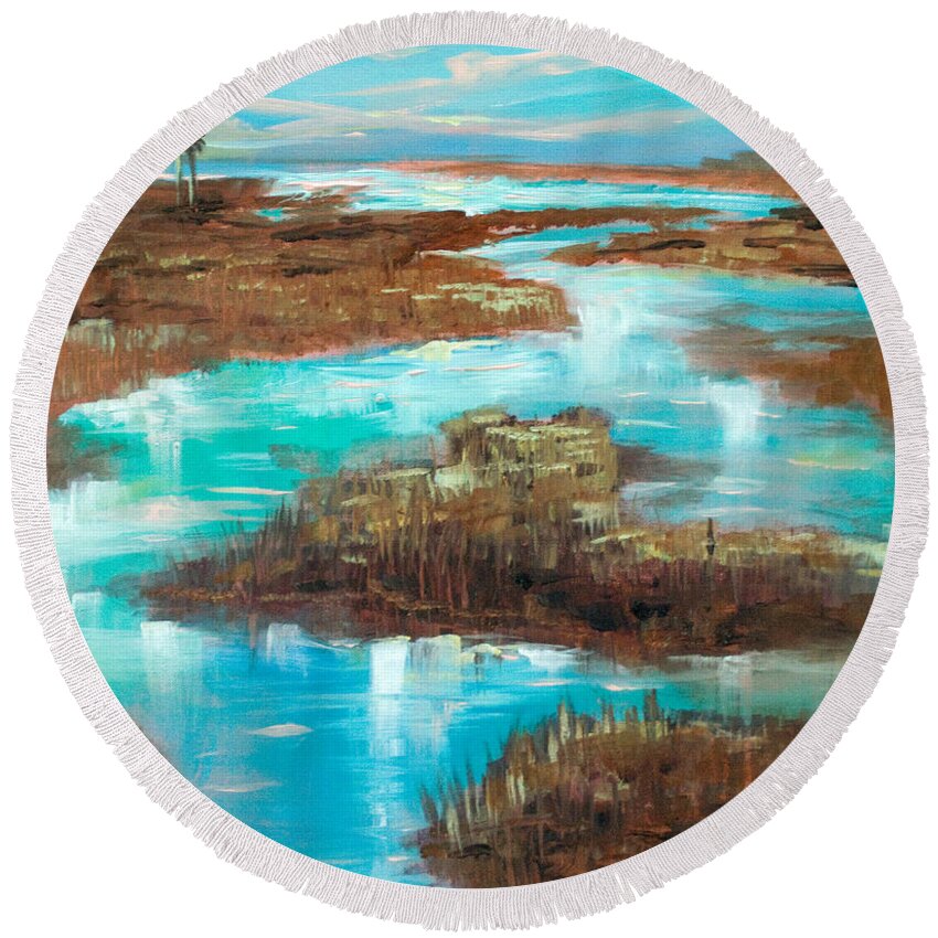 Southern Landscape Round Beach Towel featuring the painting A Few Palms by Linda Olsen