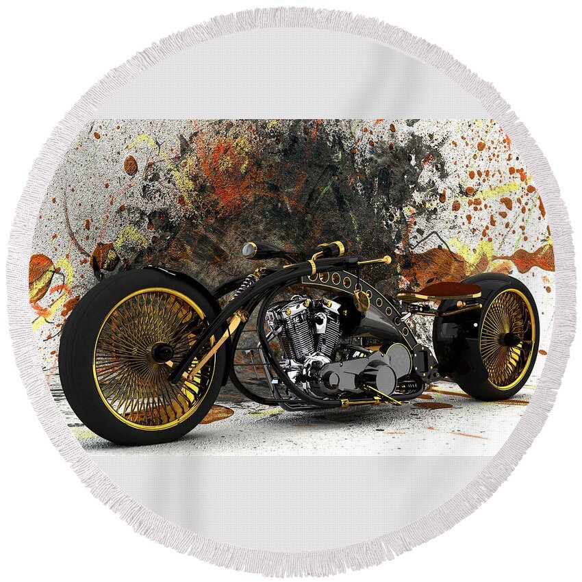Custom Chopper # Motorcycle # Custom Bike # Bike # Motorcycle Art # Chopper # Bobber # Old School Chopper # Round Beach Towel featuring the digital art Custom Chopper Gold by Louis Ferreira