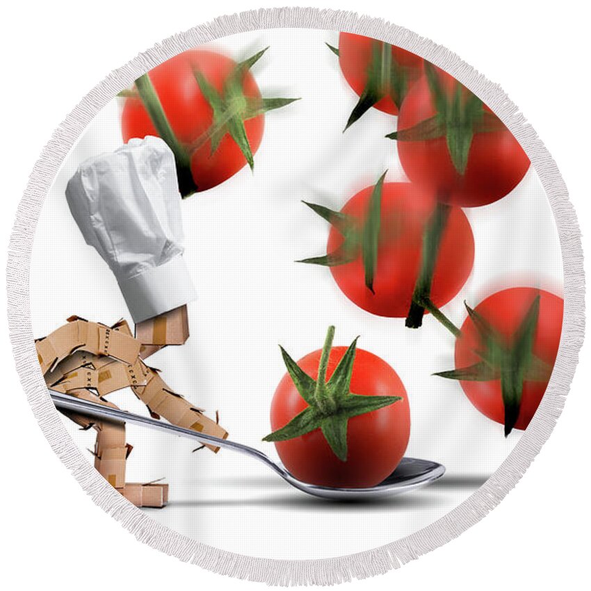 Kitchen Round Beach Towel featuring the digital art Cute chef box character catching tomatoes by Simon Bratt
