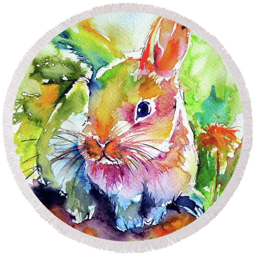 Animal Round Beach Towel featuring the painting Cute rabbit by Kovacs Anna Brigitta