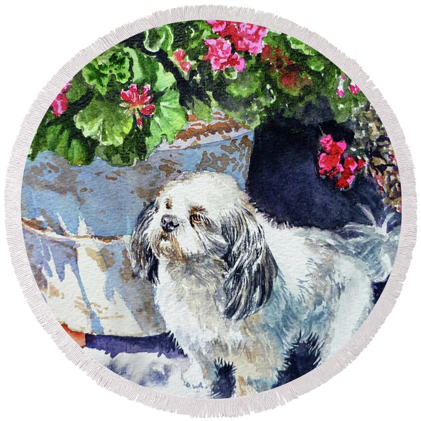 Dog Round Beach Towel featuring the painting Cute Shih Tzu Dog Under Geranium by Irina Sztukowski