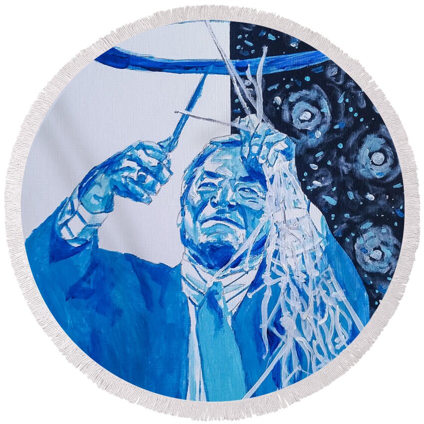 Dean Smith Round Beach Towel featuring the painting Cutting Down The Net - Dean Smith by Joel Tesch
