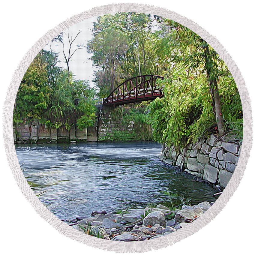 Towpath Bridge Round Beach Towel featuring the photograph Cuyahoga River at Peninsula by Linda Carruth
