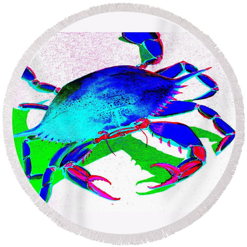 Crab Round Beach Towel featuring the digital art Cyan Crab by Larry Beat
