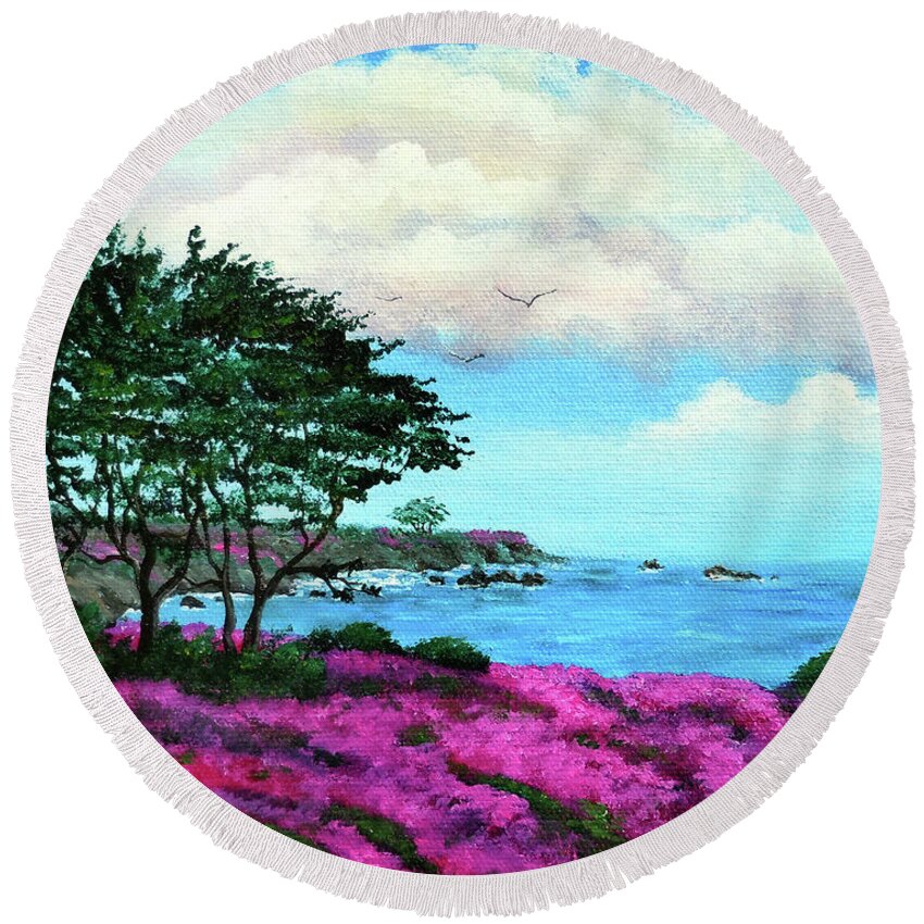 Carmel Round Beach Towel featuring the painting Cypress Trees by Lovers Point by Laura Iverson