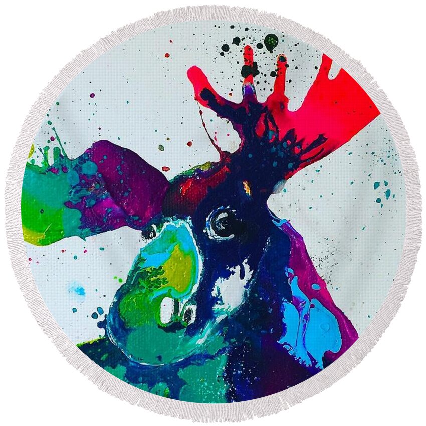 Moose Round Beach Towel featuring the painting Da-Moose by Kasha Ritter