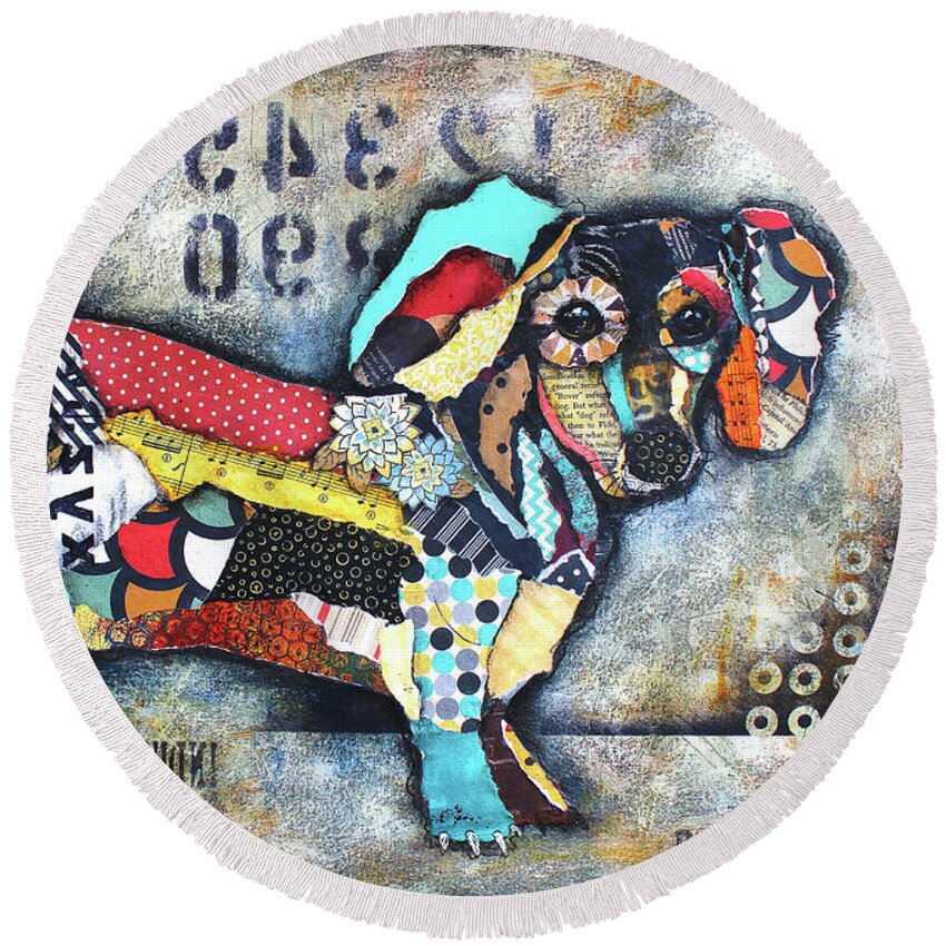Dachshund Round Beach Towel featuring the mixed media Dachshund 2 by Patricia Lintner