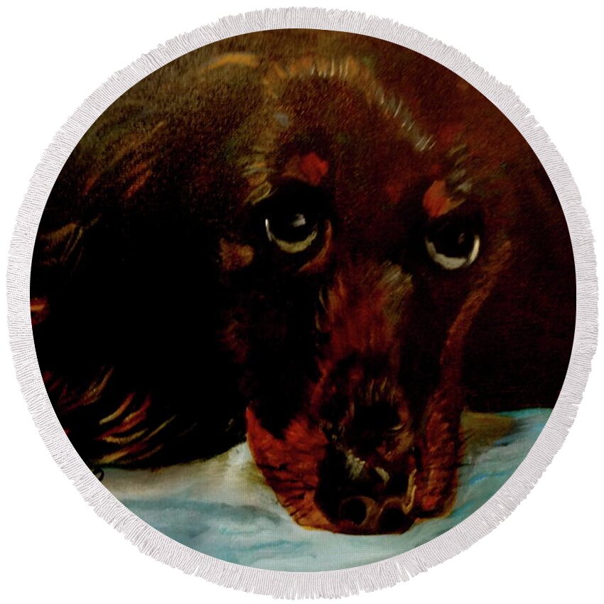 Dog Round Beach Towel featuring the painting Dachshund by Jenny Lee