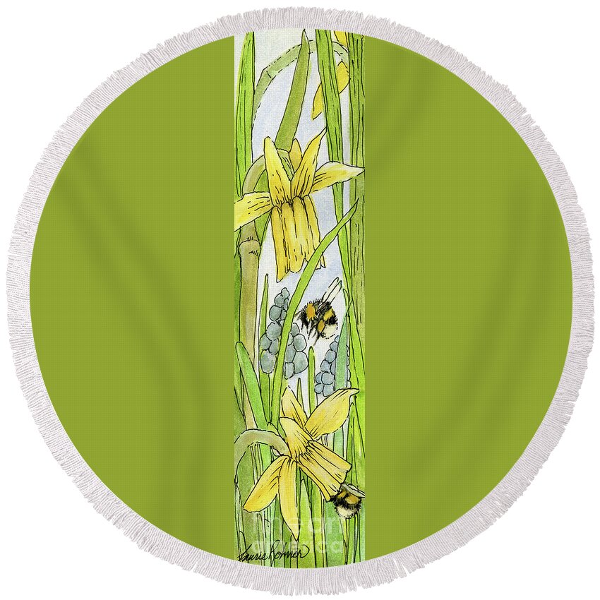 Daffodils Round Beach Towel featuring the painting Daffodils and Bees by Laurie Rohner