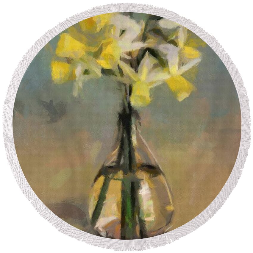 Still Life Round Beach Towel featuring the painting Daffodils in Glass Vase by Dragica Micki Fortuna
