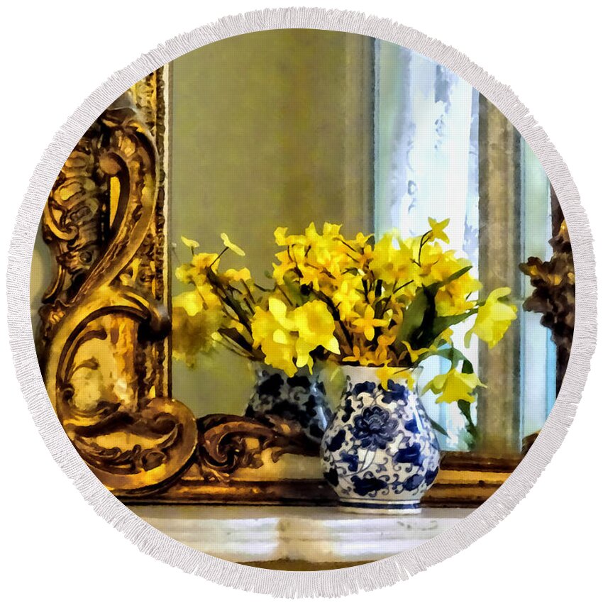 Daffodils Round Beach Towel featuring the photograph Daffodils on Mantelpiece by Susan Savad
