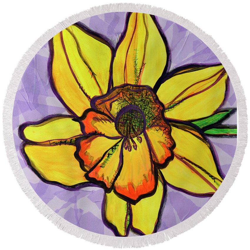 Dafodil Round Beach Towel featuring the mixed media Dafodil by Rebecca Weeks