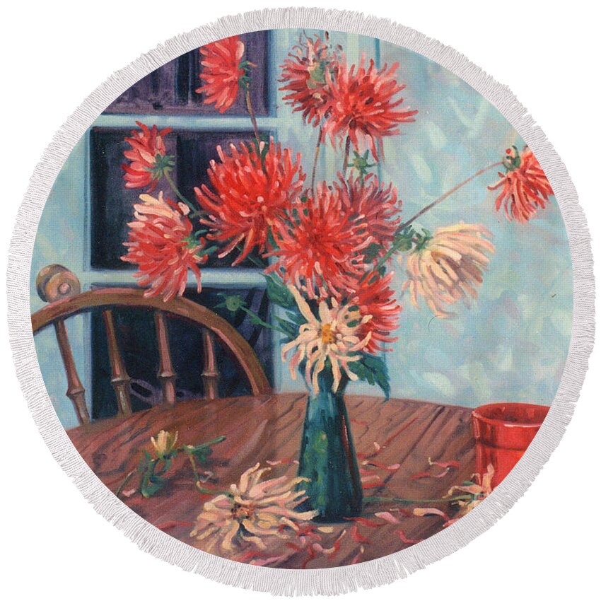 Still Life Round Beach Towel featuring the painting Dahlias with Red Cup by Donald Maier