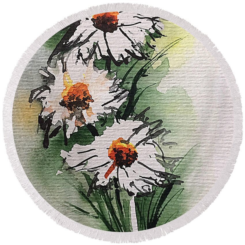 Garden Round Beach Towel featuring the painting Daisies In The Wind by Britta Zehm