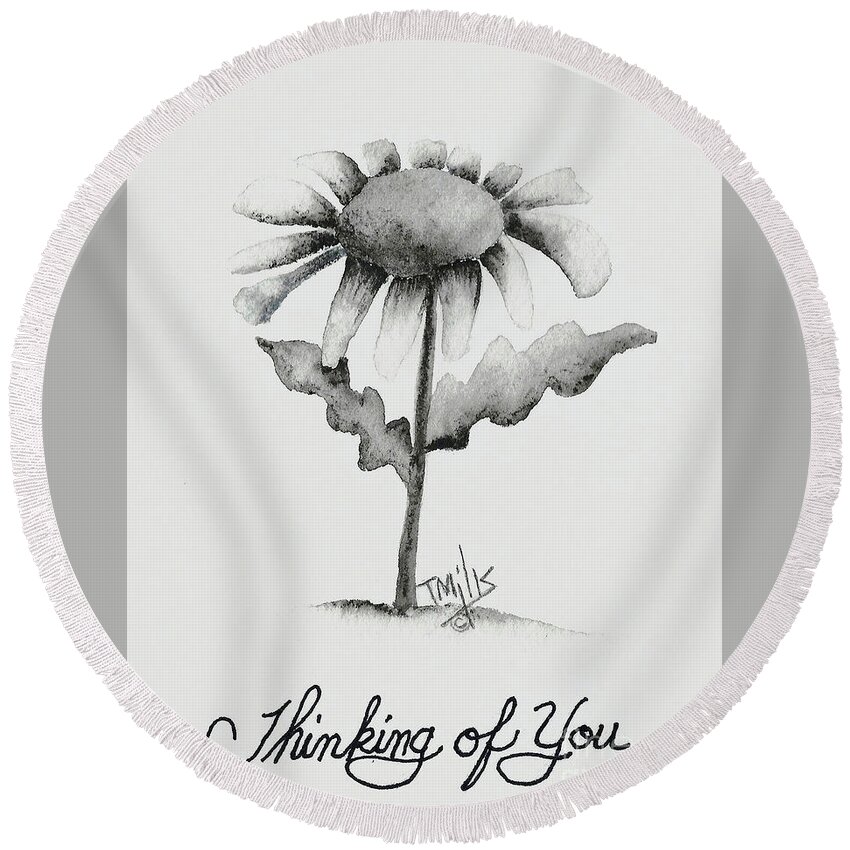 Drawing Round Beach Towel featuring the drawing Daisy by Terri Mills