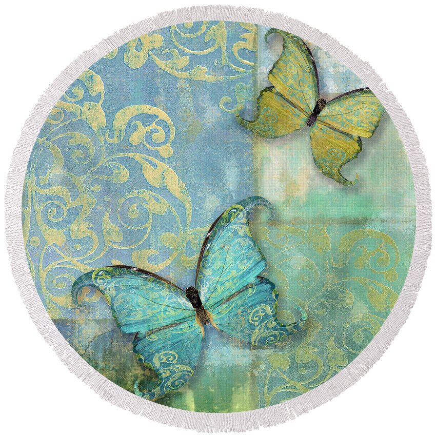 Damask Butterflies Round Beach Towel featuring the painting Damask and Butterflies I by Mindy Sommers