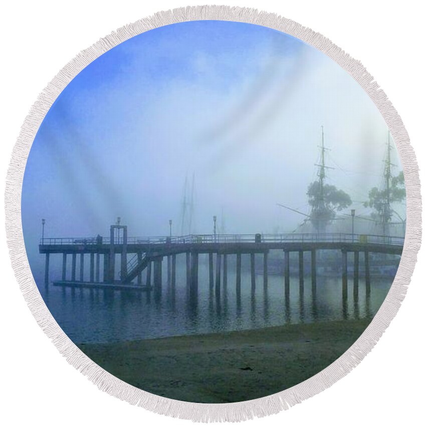 Dana Point Round Beach Towel featuring the photograph Dana Point Harbor When The Fog Rolls In by J R Yates