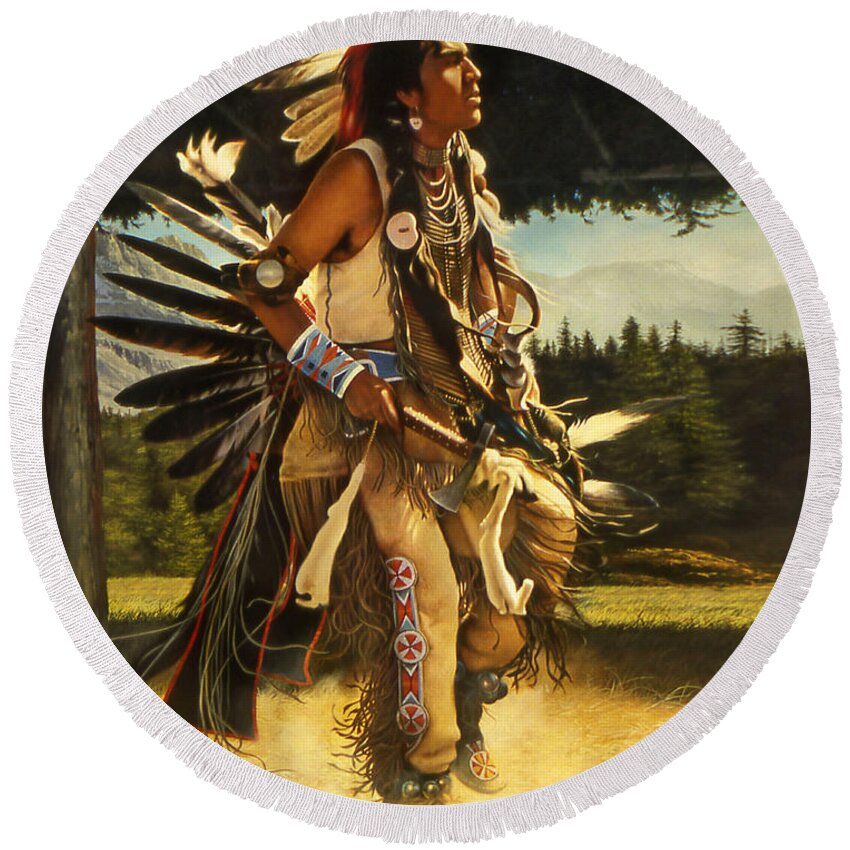 Native American Round Beach Towel featuring the painting Dance of His Fathers by Greg Olsen