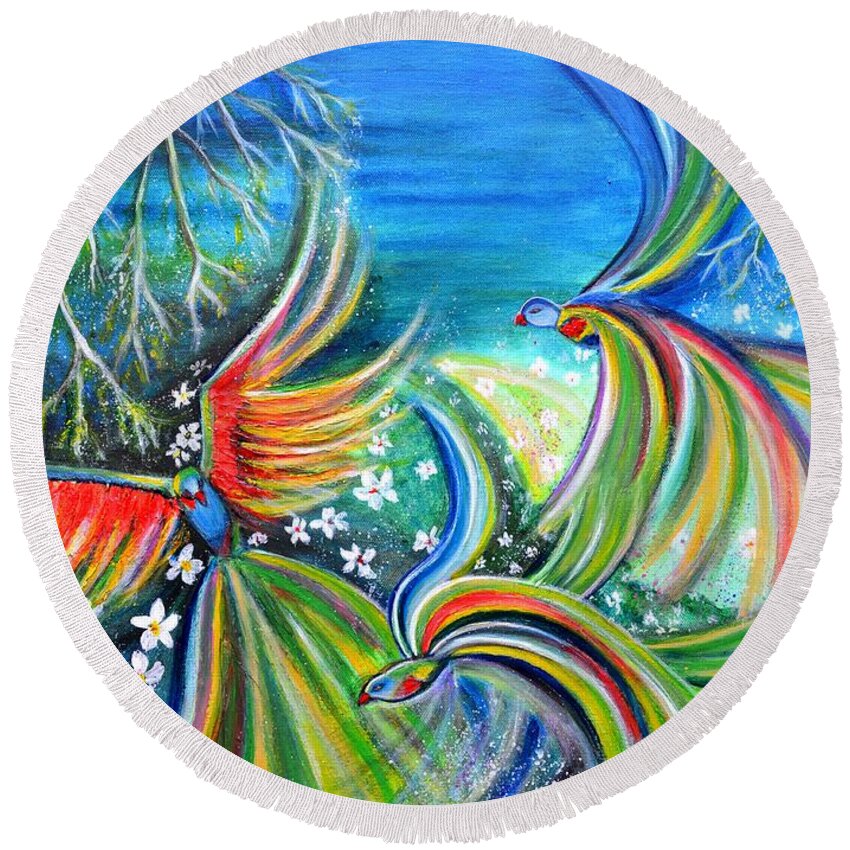 Parrots Round Beach Towel featuring the painting Dance of the Birds textured abstract colorful painting by Manjiri Kanvinde