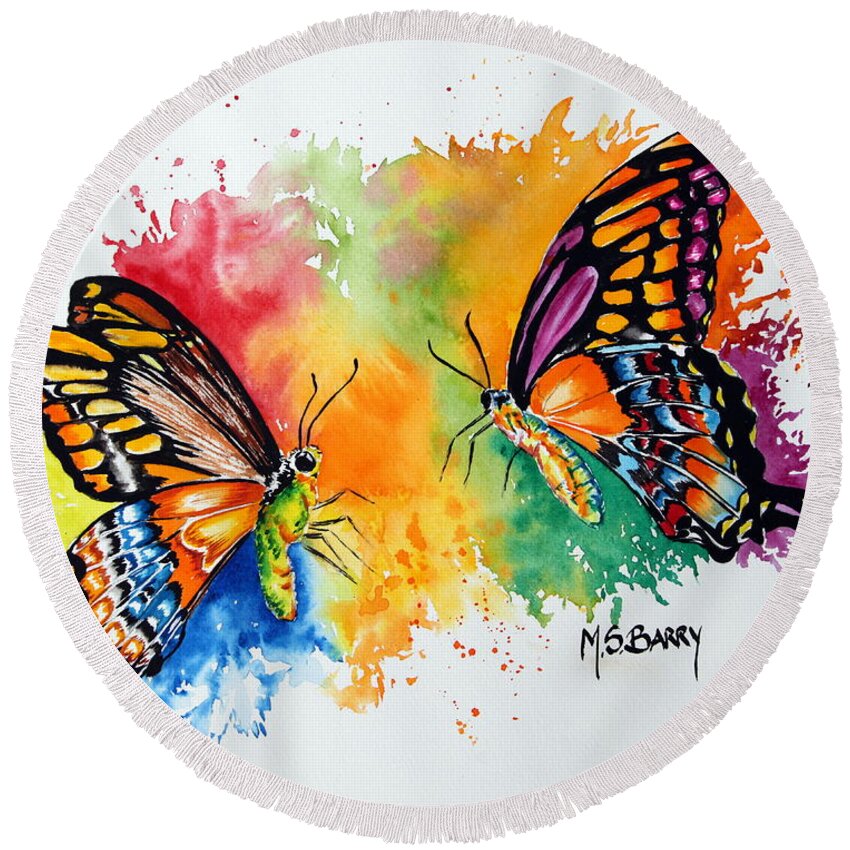 Watercolor Butterflies Round Beach Towel featuring the painting Dance of the Butterflies by Maria Barry