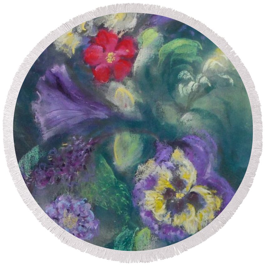 Flowers Pansies Snapdragons Round Beach Towel featuring the pastel Dance of the Flowers by Sandra Lee Scott