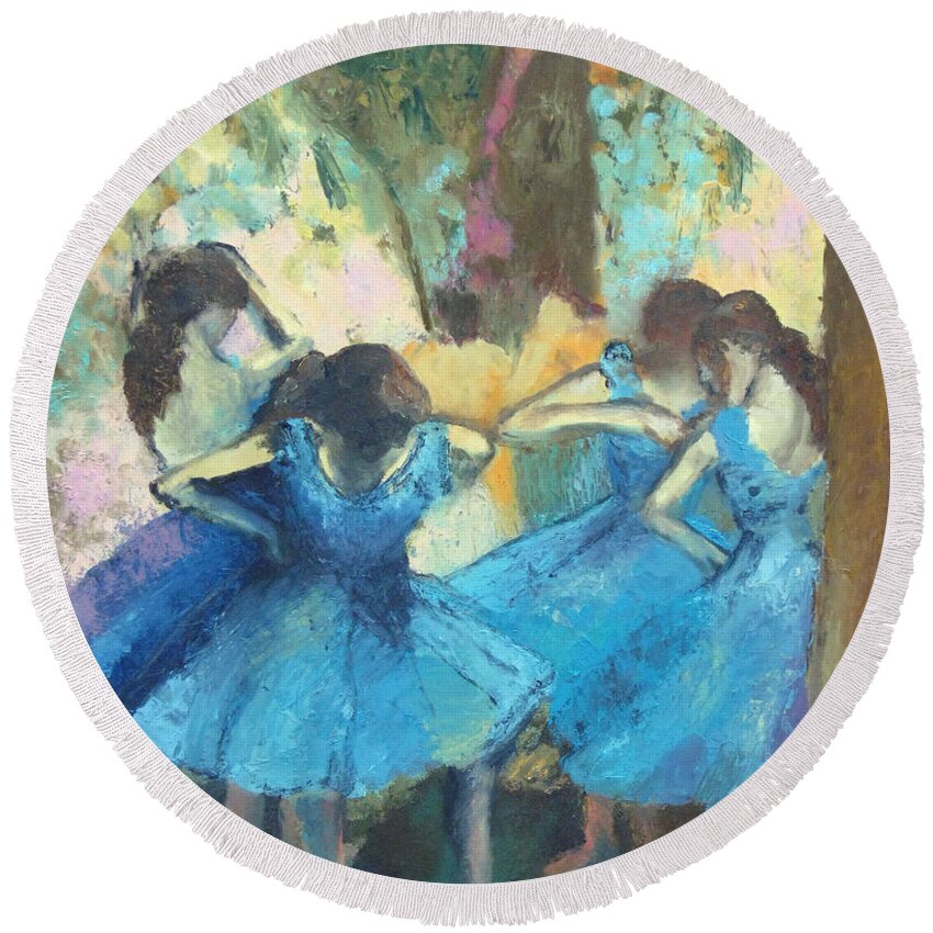 Edgar Degas Round Beach Towel featuring the painting Dancers in Blue by MotionAge Designs