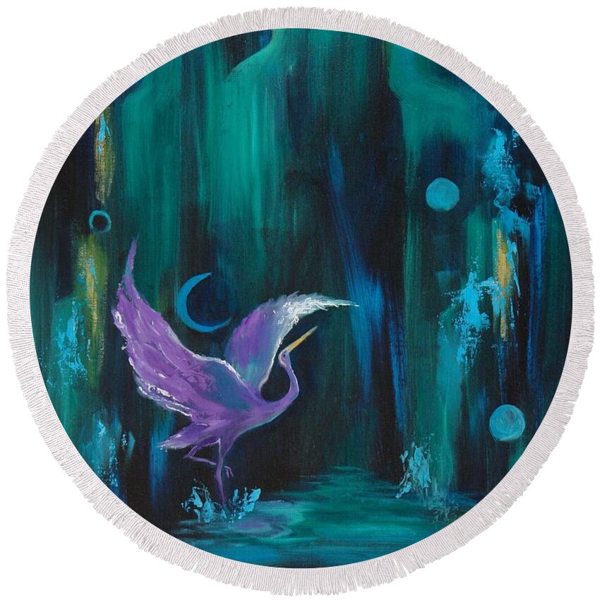 Crane Round Beach Towel featuring the painting Dancing In The Dark by Nataya Crow