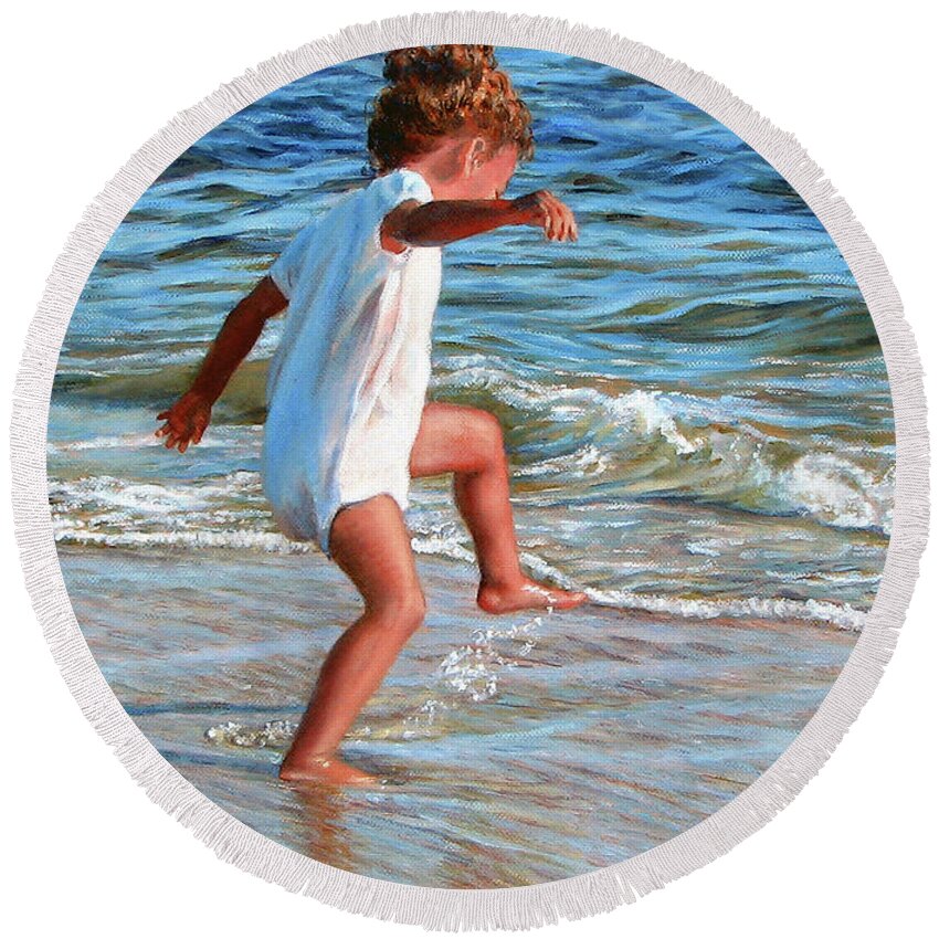 Children Round Beach Towel featuring the painting Dancing in the Surf by Marie Witte