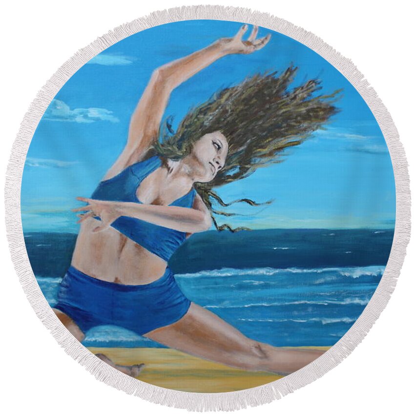 Dancing Round Beach Towel featuring the painting Dancing on the Beach by Mike Jenkins