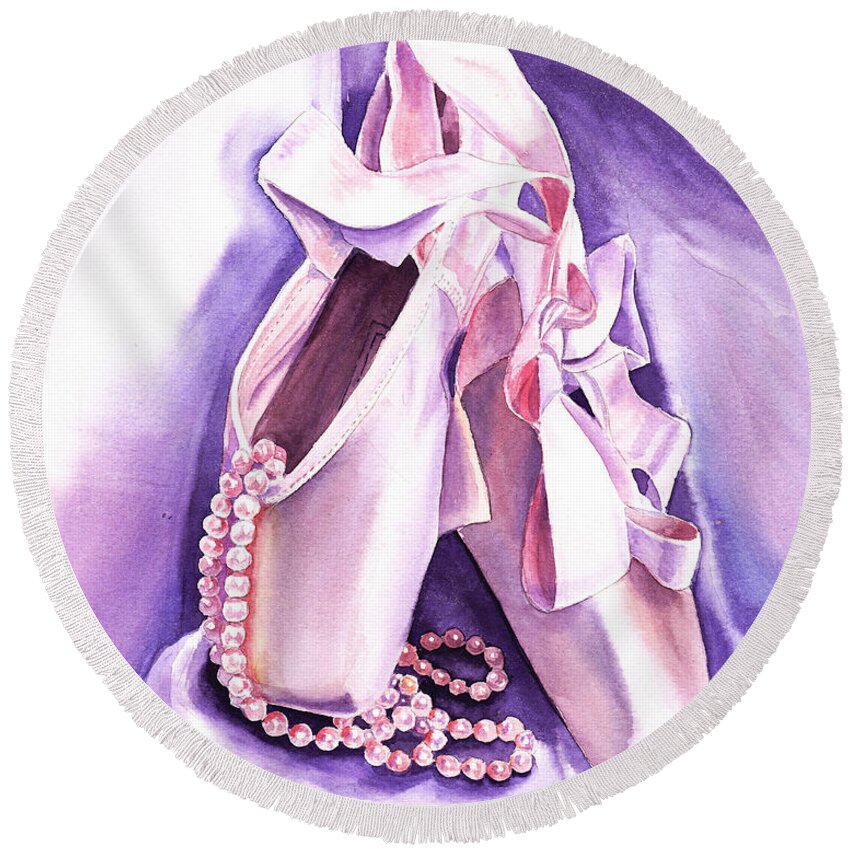 Ballet Round Beach Towel featuring the painting Dancing Pearls Ballet Slippers by Irina Sztukowski