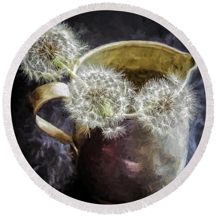 Plant Round Beach Towel featuring the photograph Dandelion Blowballs in Tin Pitcher by Kathleen K Parker