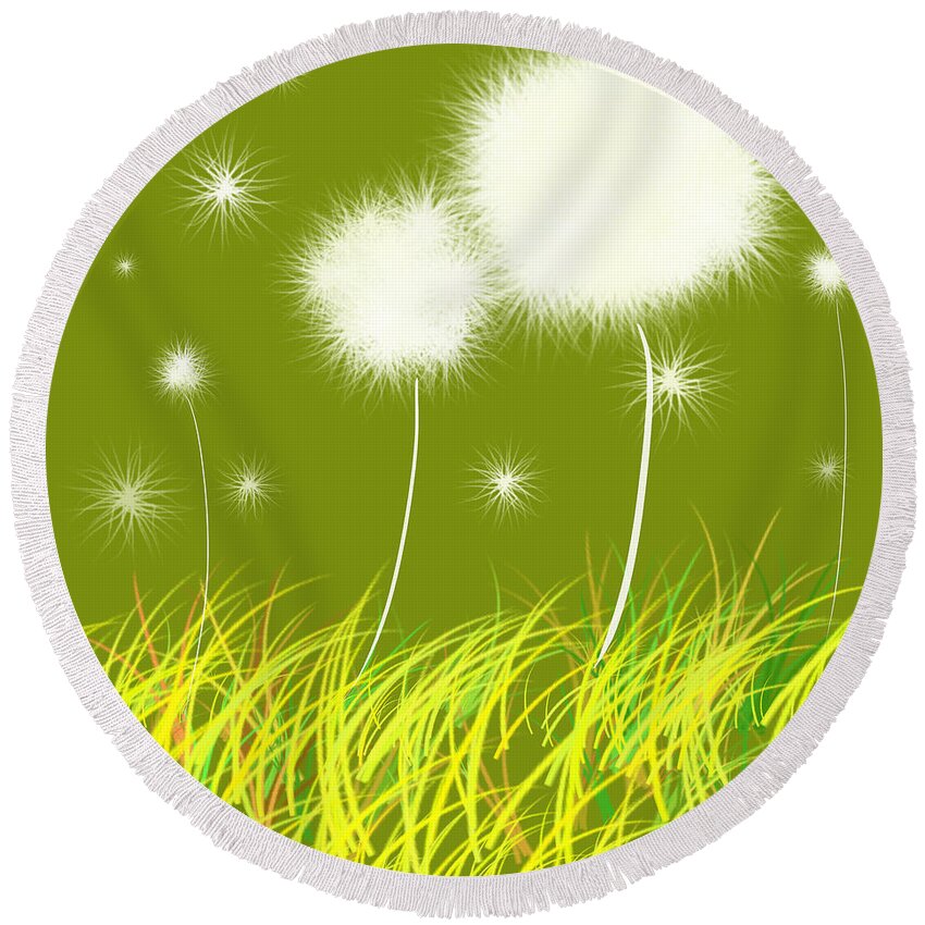 Dandelion Round Beach Towel featuring the painting Dandelions Are Free by Oiyee At Oystudio