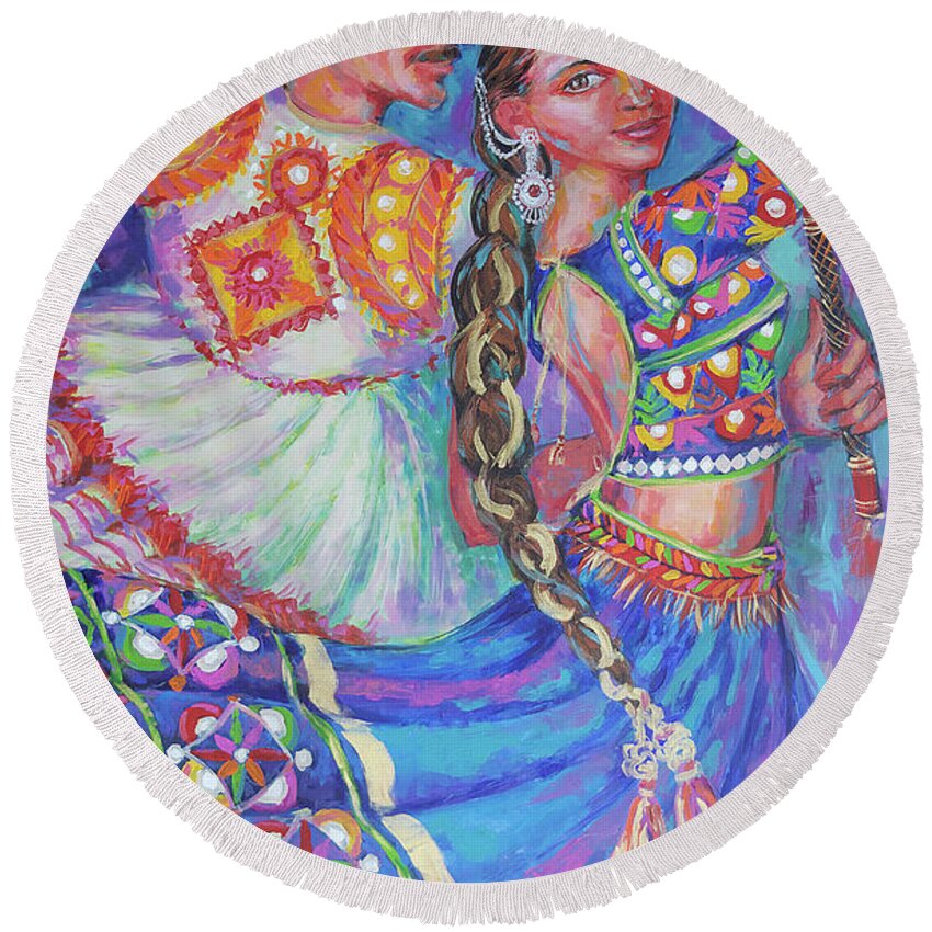  Round Beach Towel featuring the painting Dandiya Raas by Jyotika Shroff